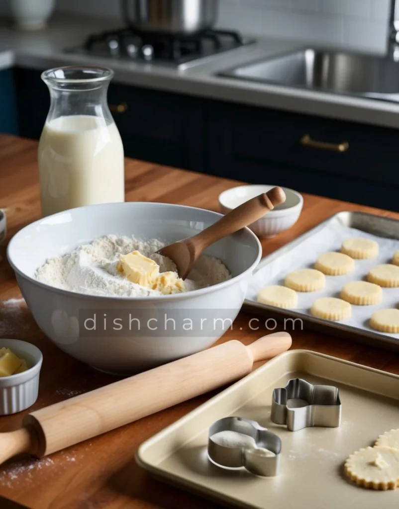 A mixing bowl with flour, butter, and milk. A rolling pin, biscuit cutter, and baking sheet on a kitchen counter