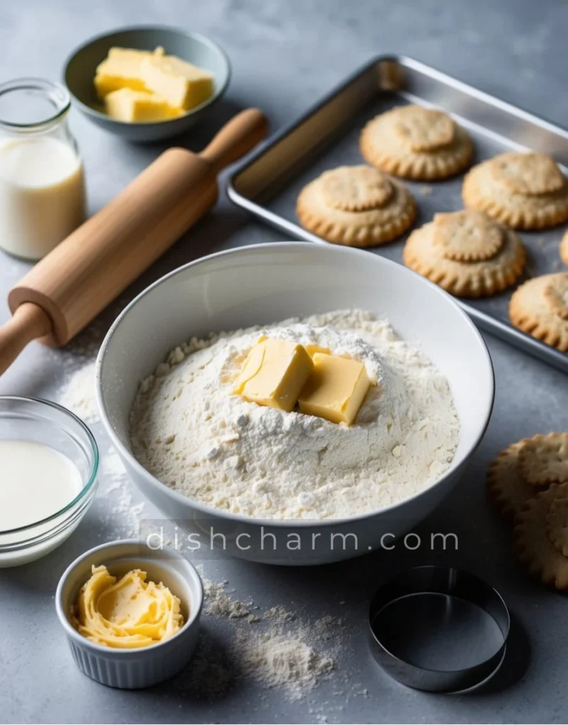 A mixing bowl with flour, butter, and milk, surrounded by a rolling pin, biscuit cutter, and a tray of freshly baked biscuits