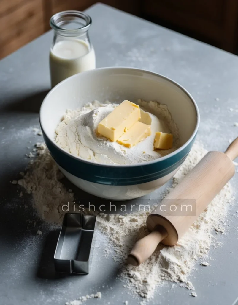 A mixing bowl with flour, butter, and milk. A rolling pin and biscuit cutter on a flour-dusted surface