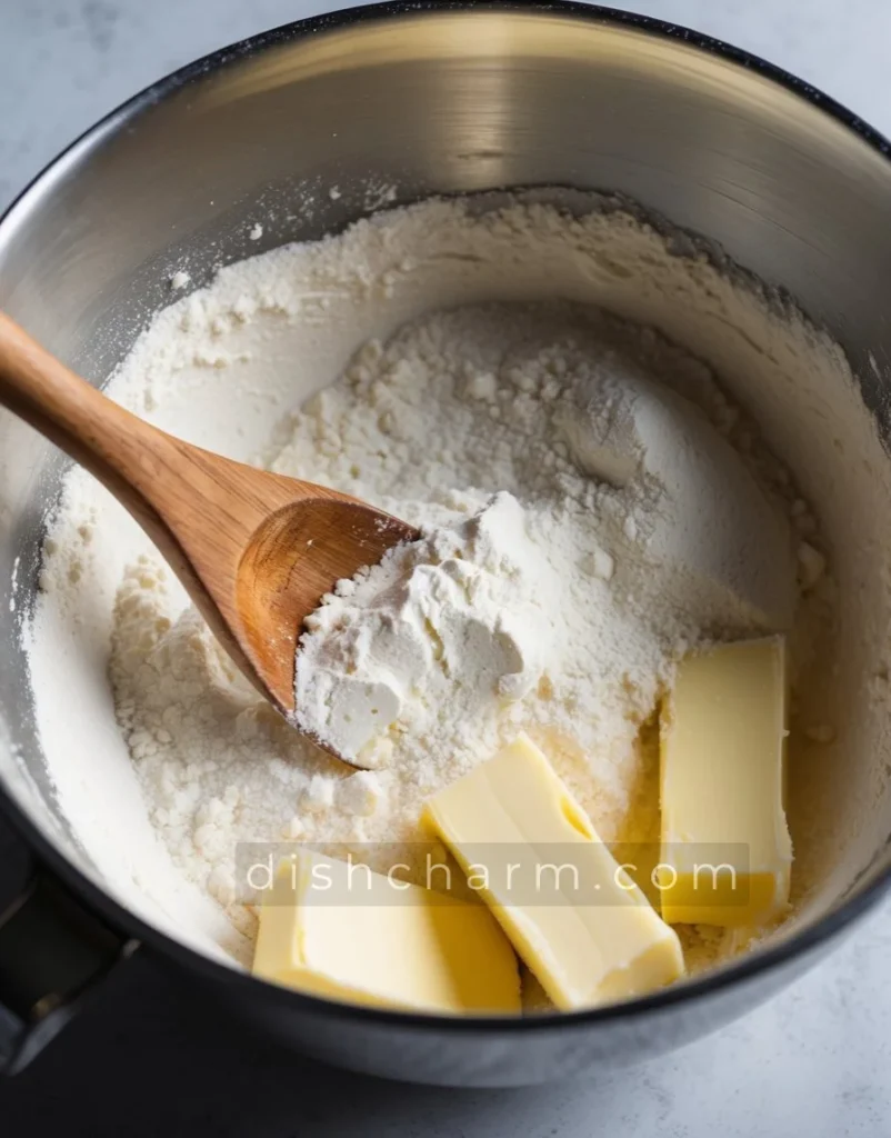 A mixing bowl with flour, butter, and milk. A wooden spoon mixing the ingredients together