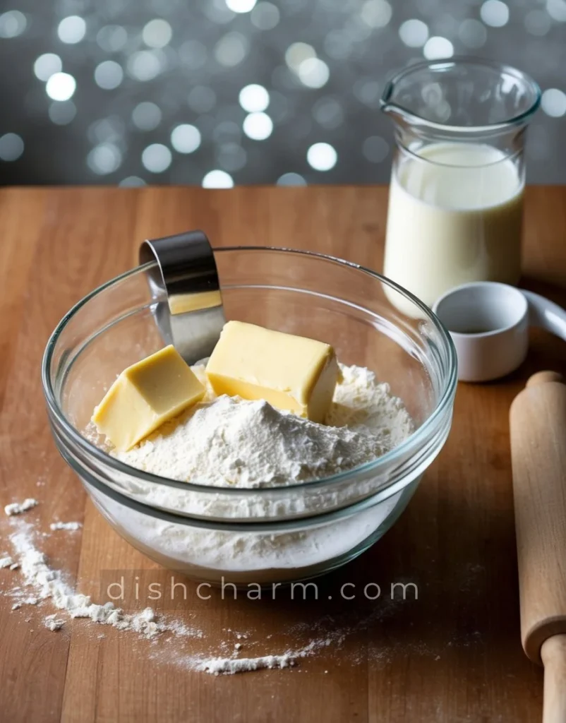 A mixing bowl with flour, butter, and milk. A pastry cutter and rolling pin on a wooden surface