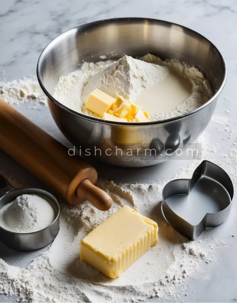 A mixing bowl with flour, butter, and milk, a rolling pin, and biscuit cutter on a floured surface