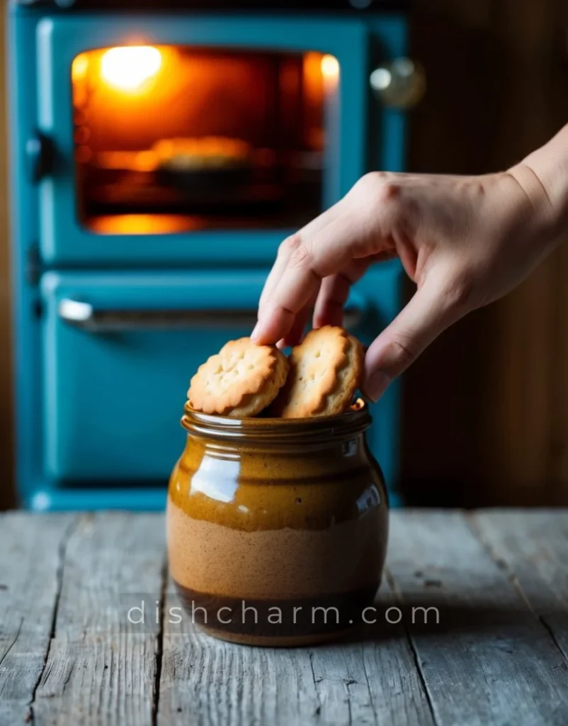 A hand reaching into a rustic ceramic jar filled with freshly baked biscuits, while a vintage oven in the background emits a warm glow