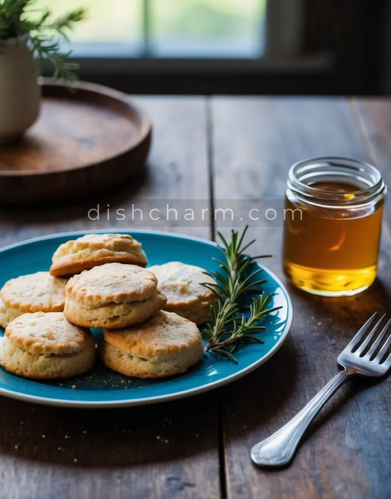 A rustic kitchen table with a plate of freshly baked 3-ingredient biscuits, accompanied by a jar of honey and a sprig of fresh rosemary