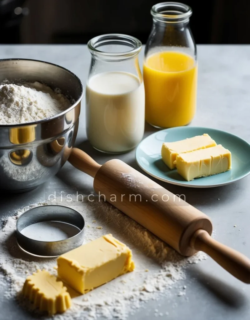 A mixing bowl with flour, butter, and milk. A rolling pin and biscuit cutter on a floured surface