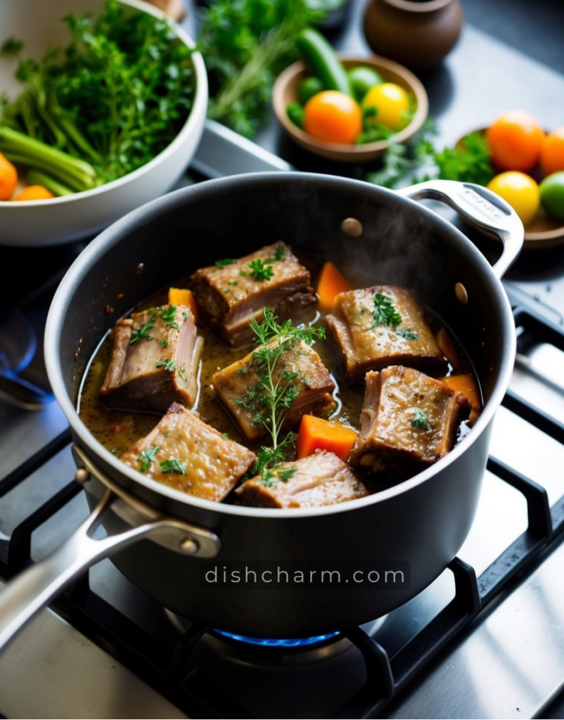 A pot of simmering short ribs surrounded by aromatic herbs and vegetables on a stovetop