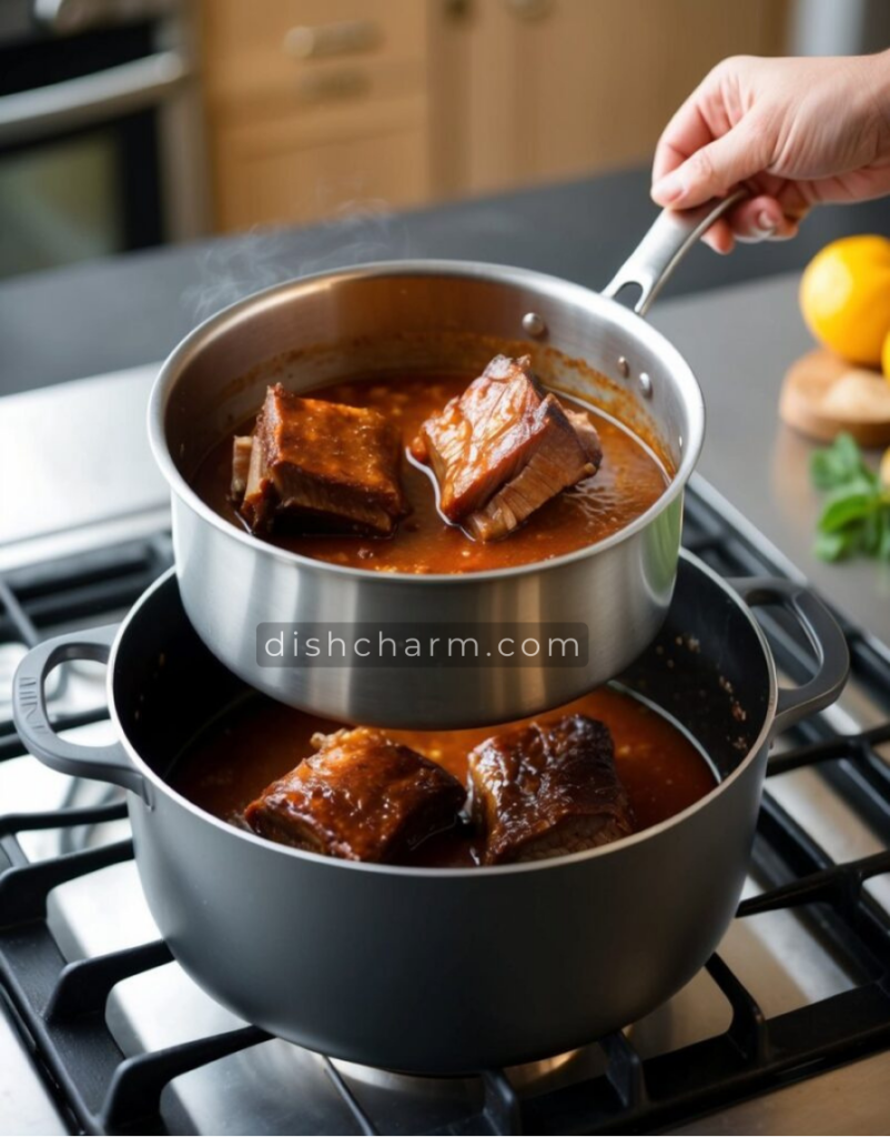 A pot of braised short ribs being transferred from stove to oven for reheating