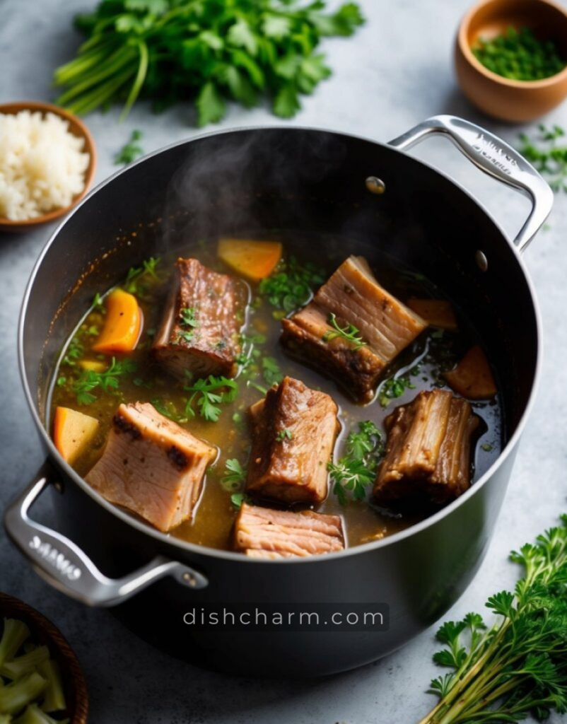 A large pot simmering with tender, succulent short ribs surrounded by aromatic herbs and vegetables