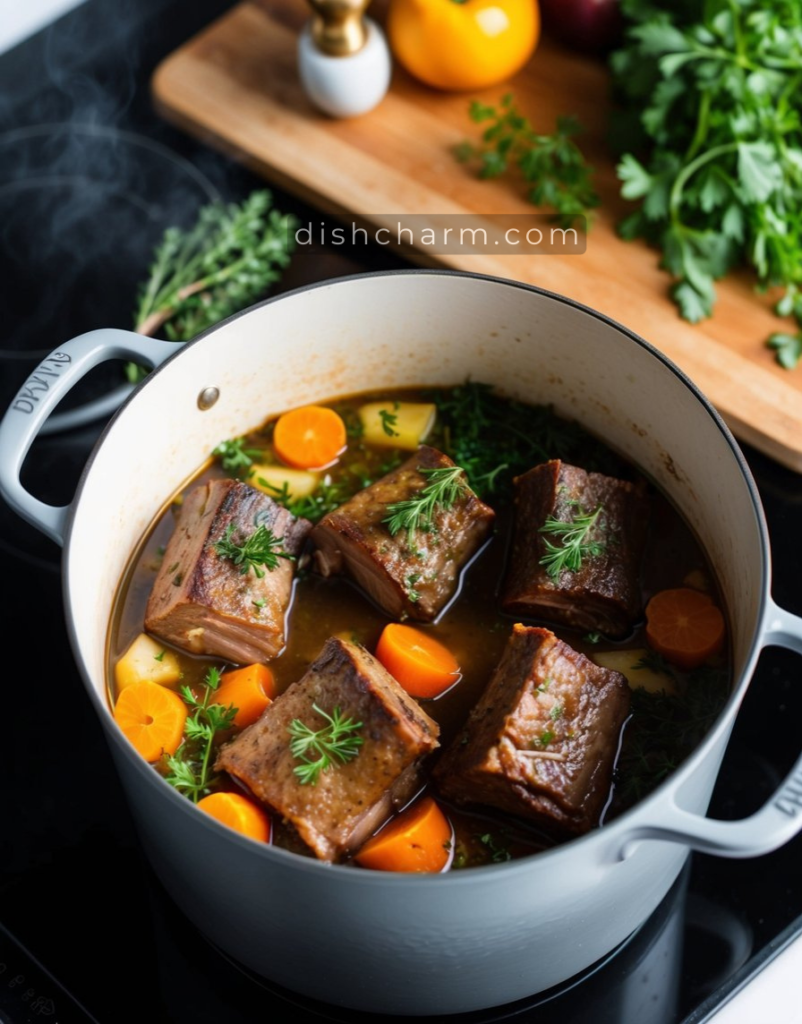 A pot simmering on a stovetop, filled with braised short ribs and surrounded by aromatic herbs and vegetables