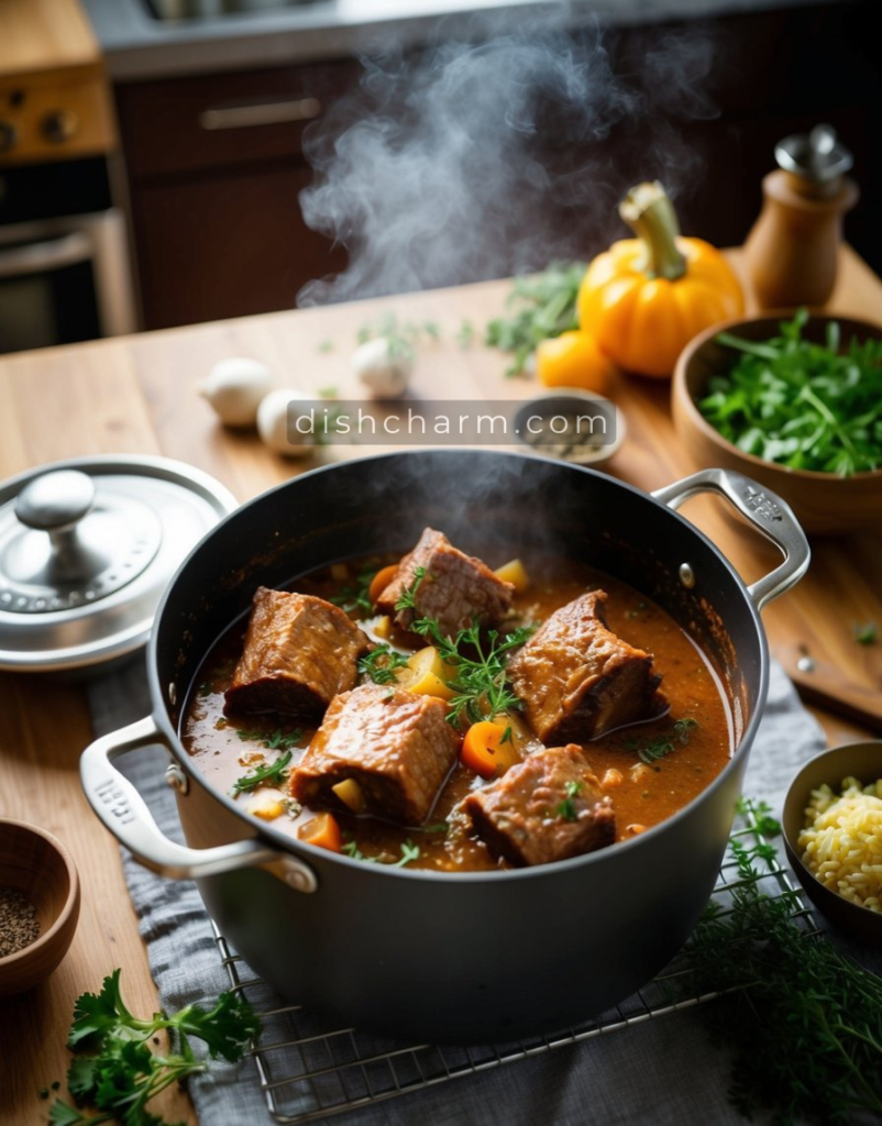 A pot of short ribs simmering in a rich, savory sauce with aromatic herbs and vegetables, filling the kitchen with a mouthwatering aroma