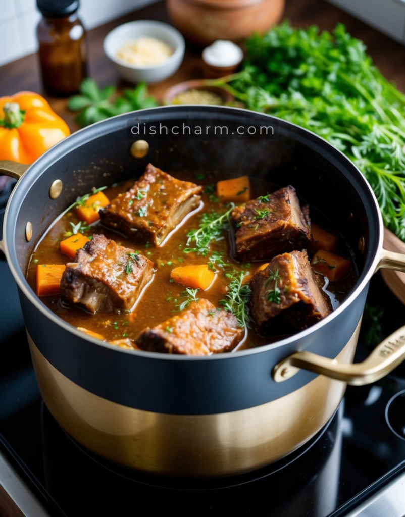 A large pot simmering on a stove, filled with rich, savory braised short ribs, surrounded by aromatic herbs and vegetables