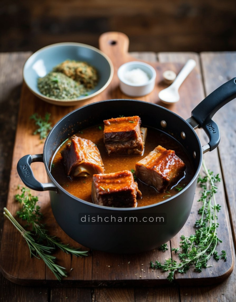 A pot filled with simmering braised short ribs, surrounded by aromatic herbs and spices on a rustic wooden kitchen counter