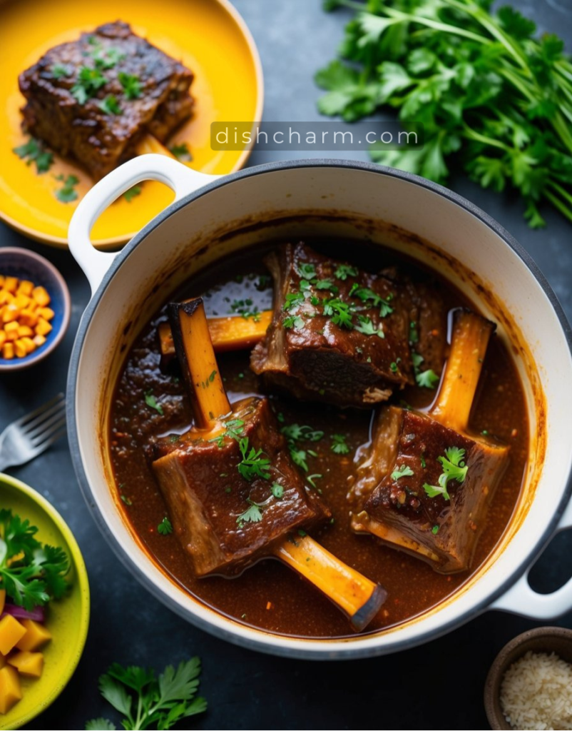 A pot of braised short ribs simmering in a rich, savory sauce surrounded by colorful side dishes and fresh herbs