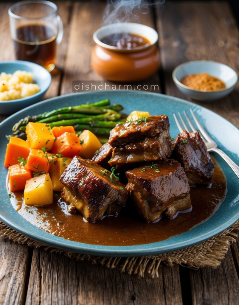 A rustic wooden table set with a steaming platter of braised short ribs, accompanied by colorful roasted vegetables and a rich, savory sauce