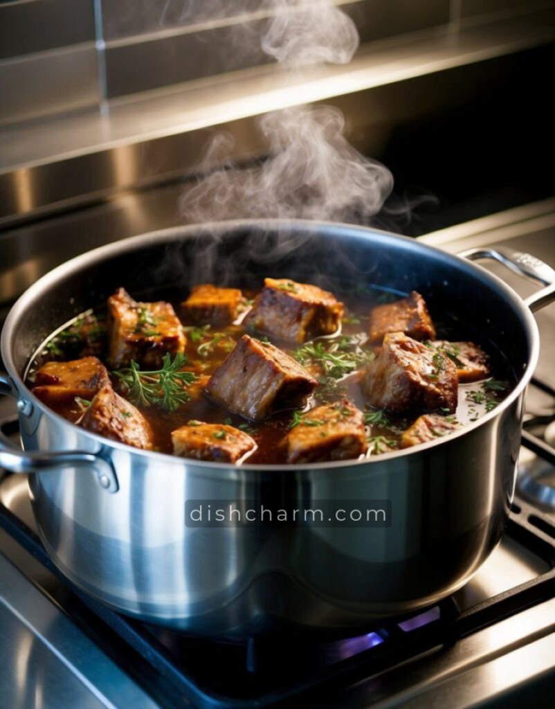 A large pot simmering on a stove, filled with red wine, herbs, and chunks of tender braised short ribs. Steam rises from the pot as the rich aroma fills the kitchen