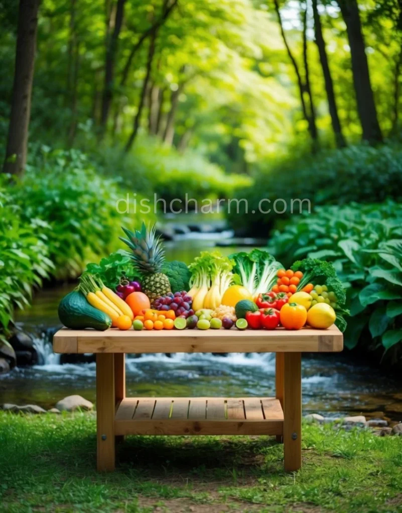 A serene forest with a variety of vibrant, healthy fruits and vegetables displayed on a wooden table, surrounded by lush greenery and a clear, flowing stream