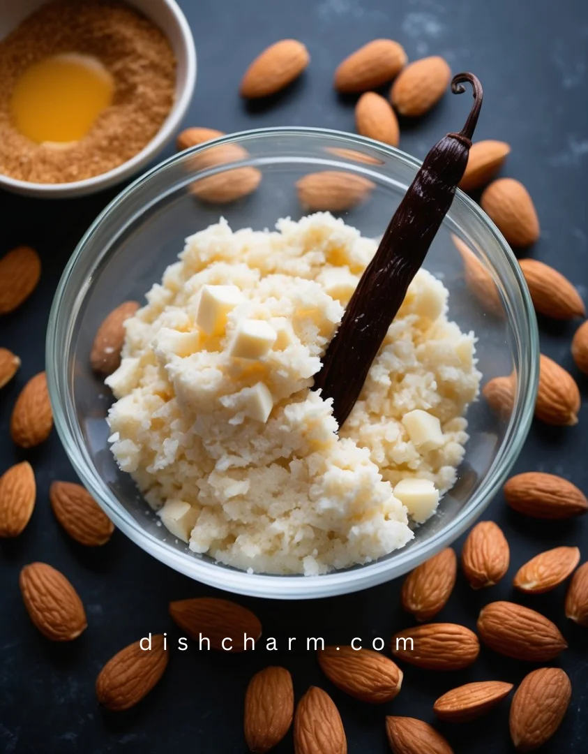 A mixing bowl filled with ingredients for frangipane, surrounded by almonds and a vanilla pod