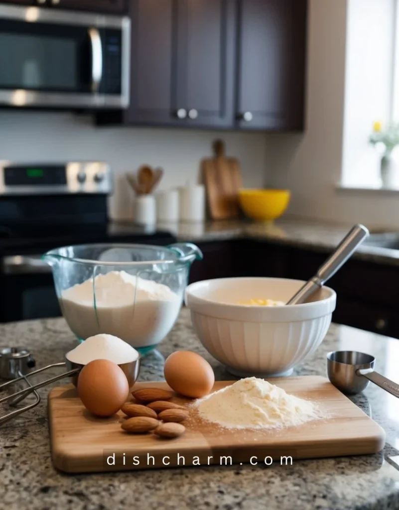 A countertop with ingredients and utensils for making frangipane, including almond flour, eggs, sugar, and a mixing bowl