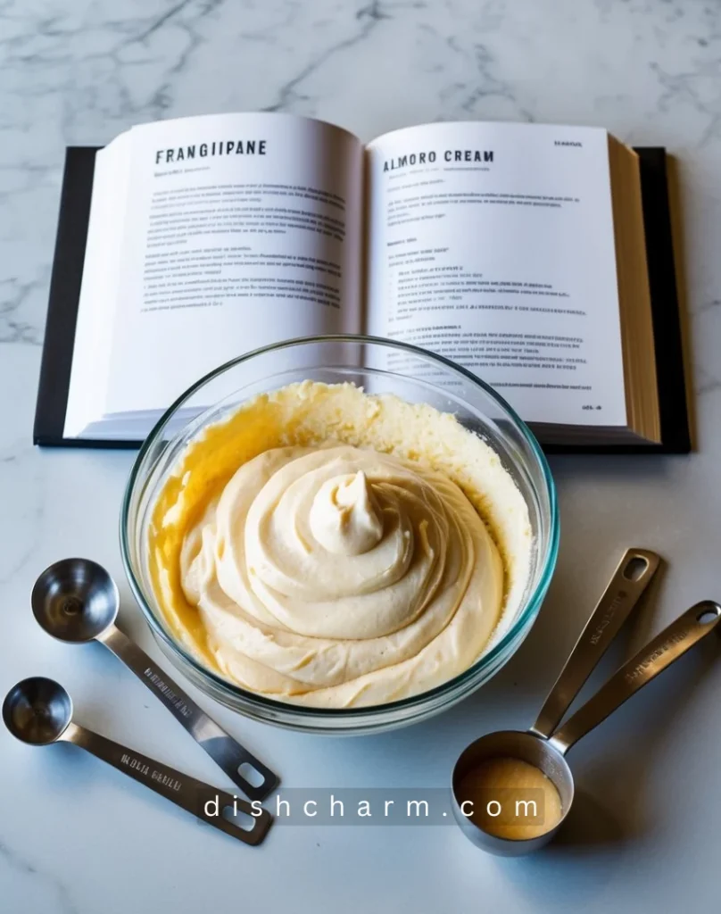 A mixing bowl filled with ingredients for frangipane, surrounded by measuring spoons and a recipe book open to the almond cream page