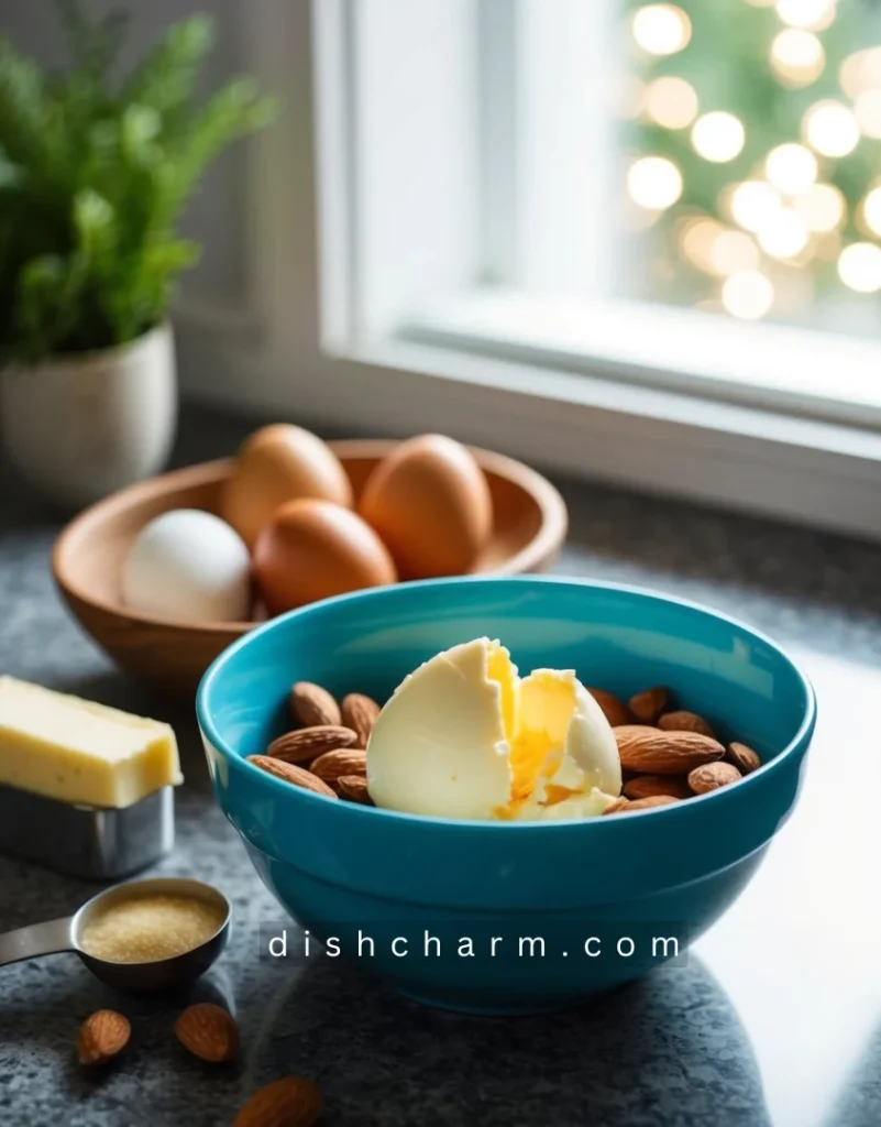 A bowl of almonds, eggs, sugar, and butter on a kitchen counter. A measuring cup and spoon sit nearby