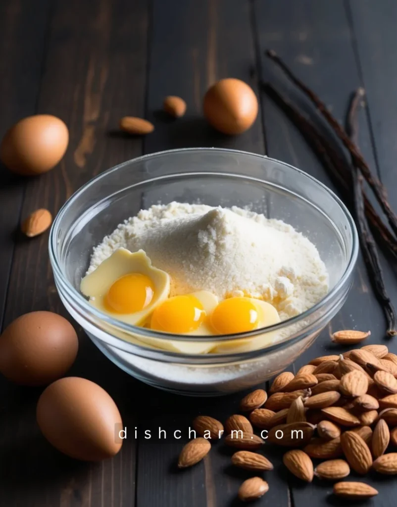 A mixing bowl filled with almond flour, sugar, butter, and eggs, surrounded by vanilla beans and a pile of whole almonds