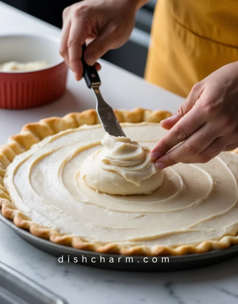 A baker spreading frangipane filling onto a pastry base before baking