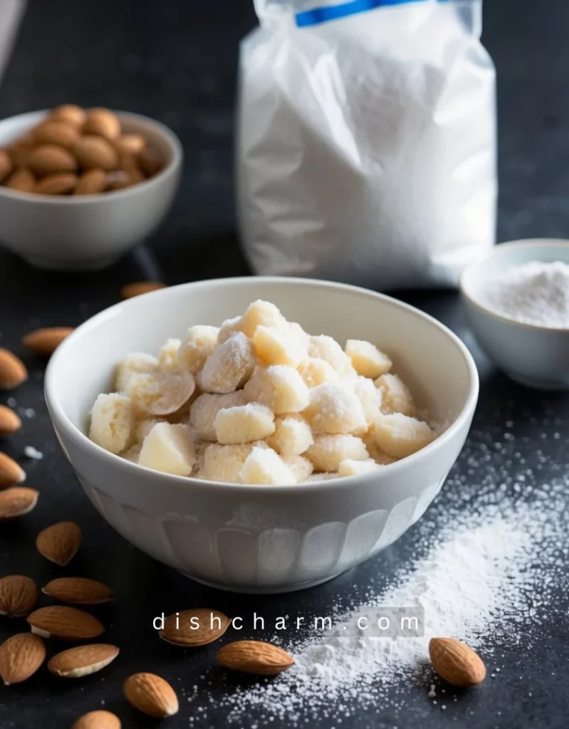 A bowl of frangipane sits on a kitchen counter, surrounded by scattered almond shells and a bag of powdered sugar