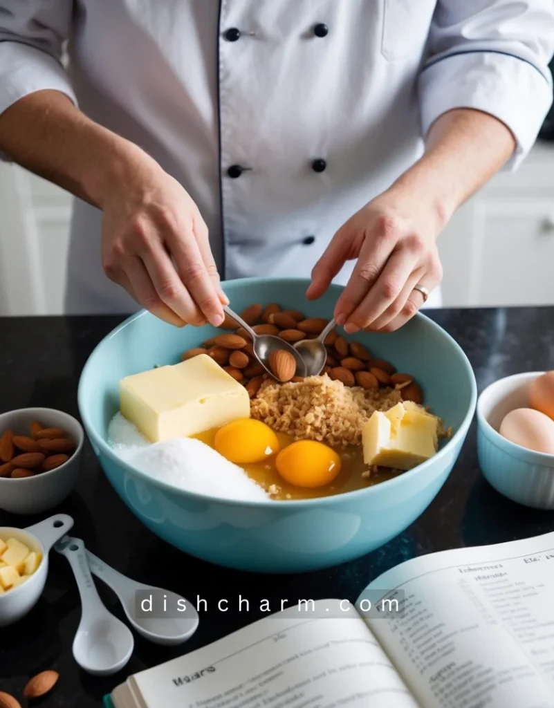 A chef mixing almonds, sugar, butter, and eggs in a bowl, surrounded by measuring cups and spoons, with a recipe book open on the counter