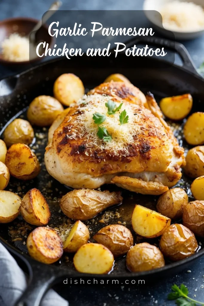 A sizzling skillet of golden-brown chicken and crispy roasted potatoes, topped with a generous sprinkle of aromatic Parmesan and garlic