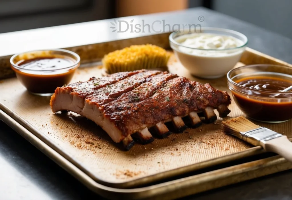 A rack of baby back ribs seasoned and placed on a baking sheet, surrounded by a brush, bowl of barbecue sauce, and a basting brush