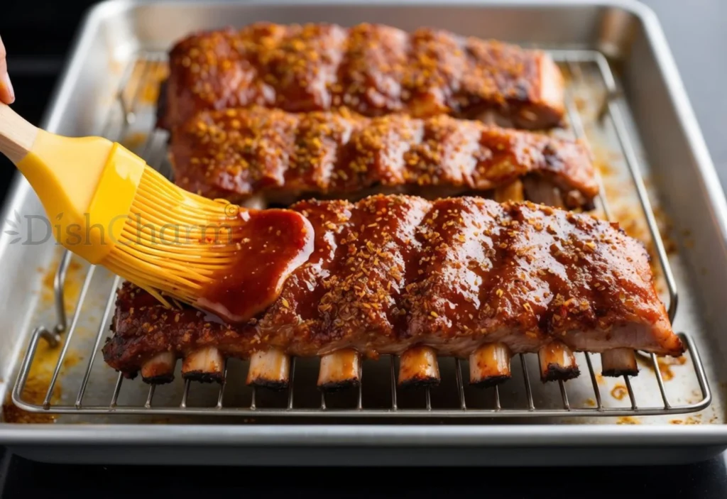 Baby back ribs marinating in a flavorful rub, placed on a wire rack in a baking sheet, with a glaze being brushed on before being placed in the oven