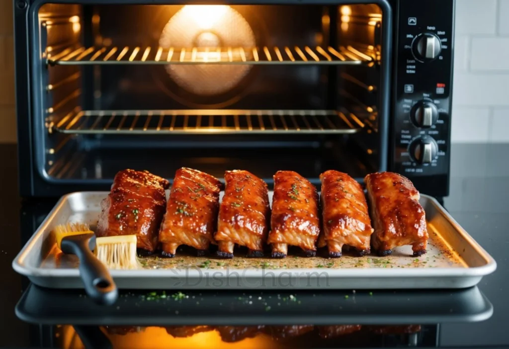 A rack of baby back ribs arranged on a baking sheet, surrounded by seasonings and a basting brush. A preheated oven in the background