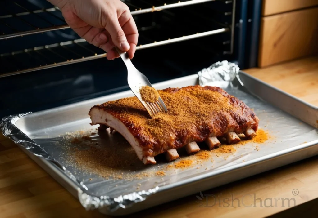 A rack of baby back ribs being seasoned with a dry rub and placed on a baking sheet lined with foil, ready to be cooked in the oven