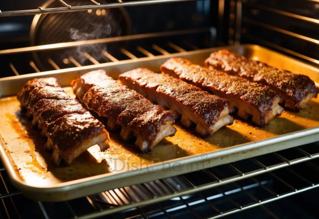 Ribs coated in liquid smoke and seasoning, placed on a baking sheet in the oven