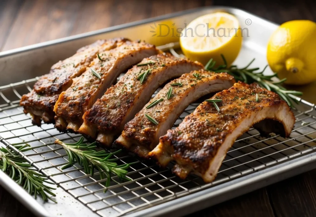 A rack of baby back ribs seasoned and placed on a wire rack inside a baking sheet, surrounded by a few sprigs of rosemary and a halved lemon