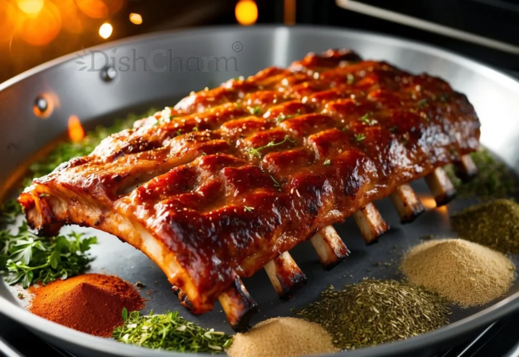 A rack of baby back ribs sizzling in the oven, surrounded by a variety of herbs and spices