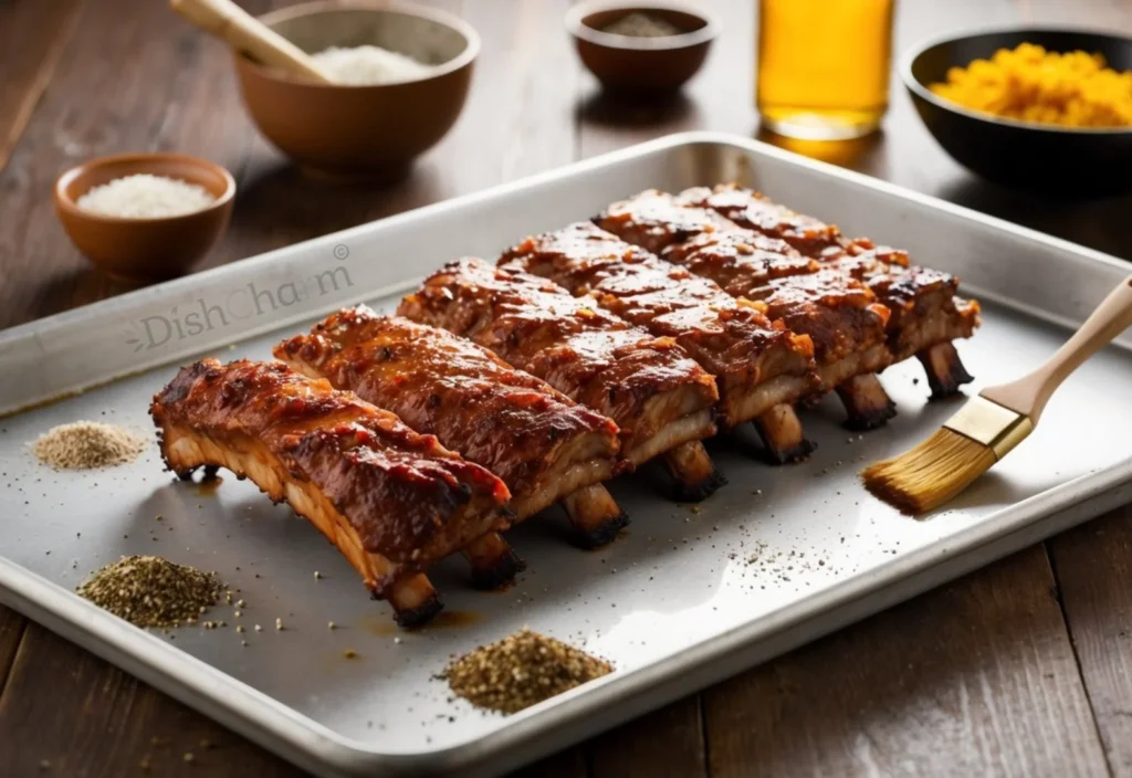 A rack of baby back ribs placed on a baking sheet, surrounded by various seasonings and a basting brush