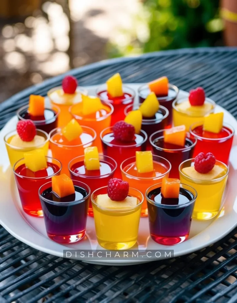 A colorful array of jello shots arranged on a serving platter, garnished with fruit and displayed in clear shot glasses