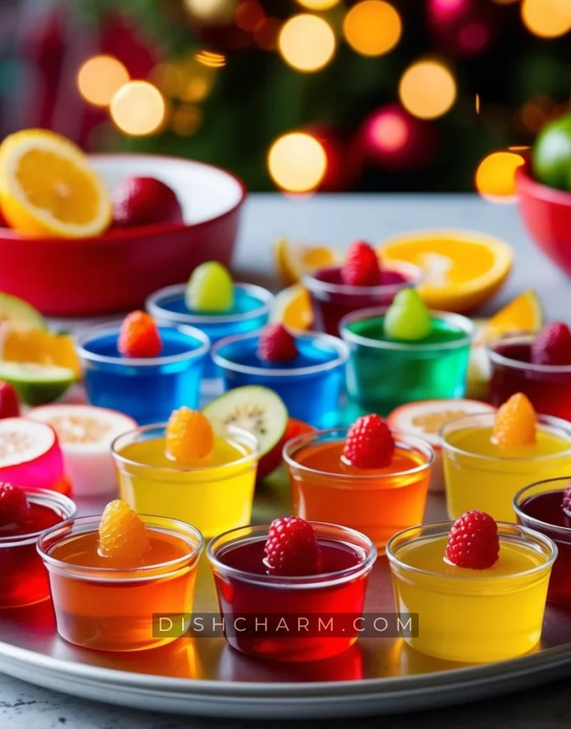 A colorful array of jello shots arranged on a serving tray, garnished with fresh fruit and set against a festive backdrop