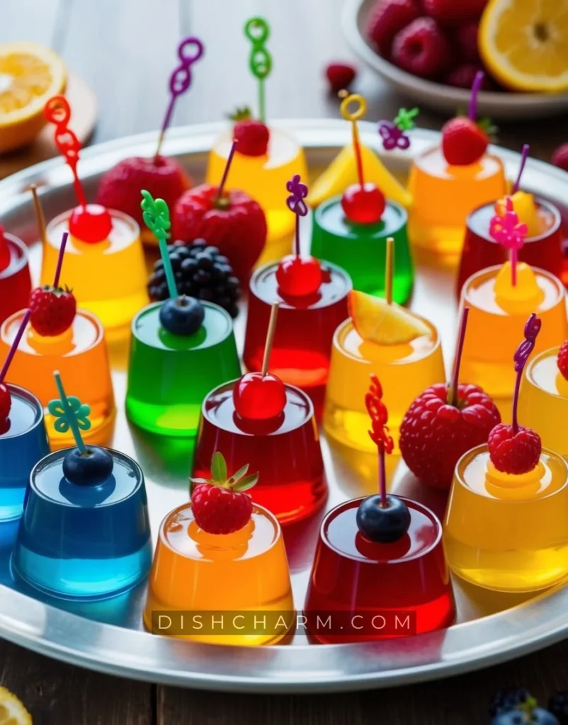 A colorful array of jello shots arranged on a serving platter with various fruit garnishes and decorative toothpicks