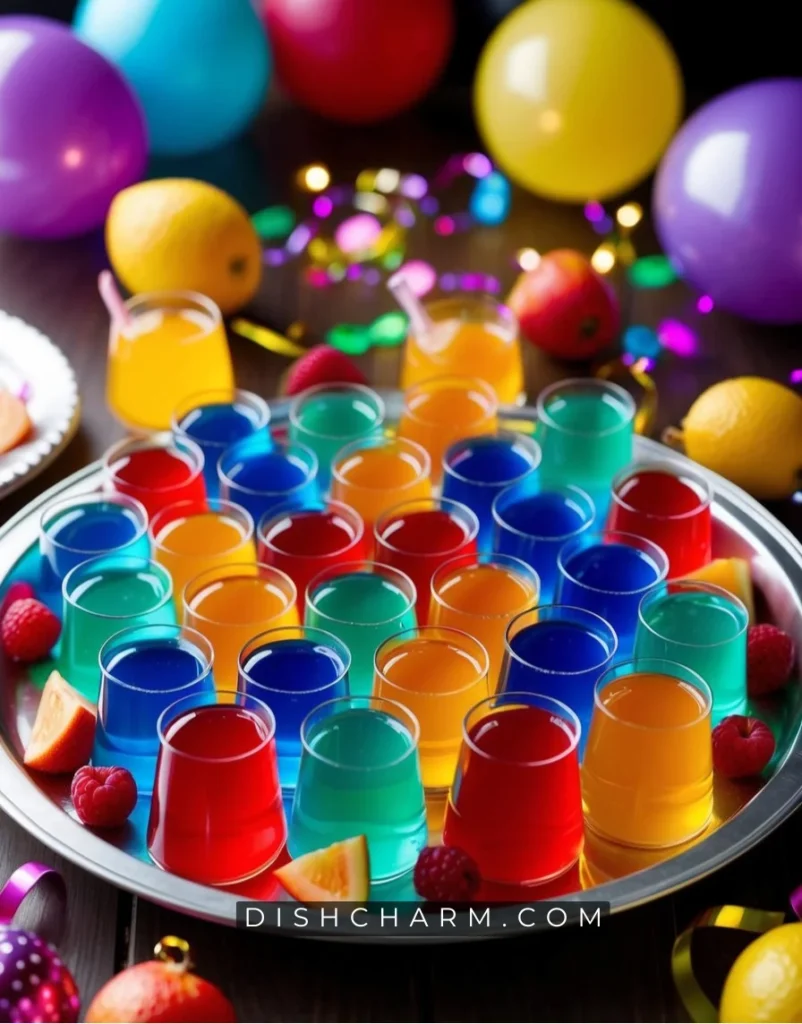 A colorful array of jello shots arranged on a serving tray, garnished with fruit and surrounded by festive party decorations