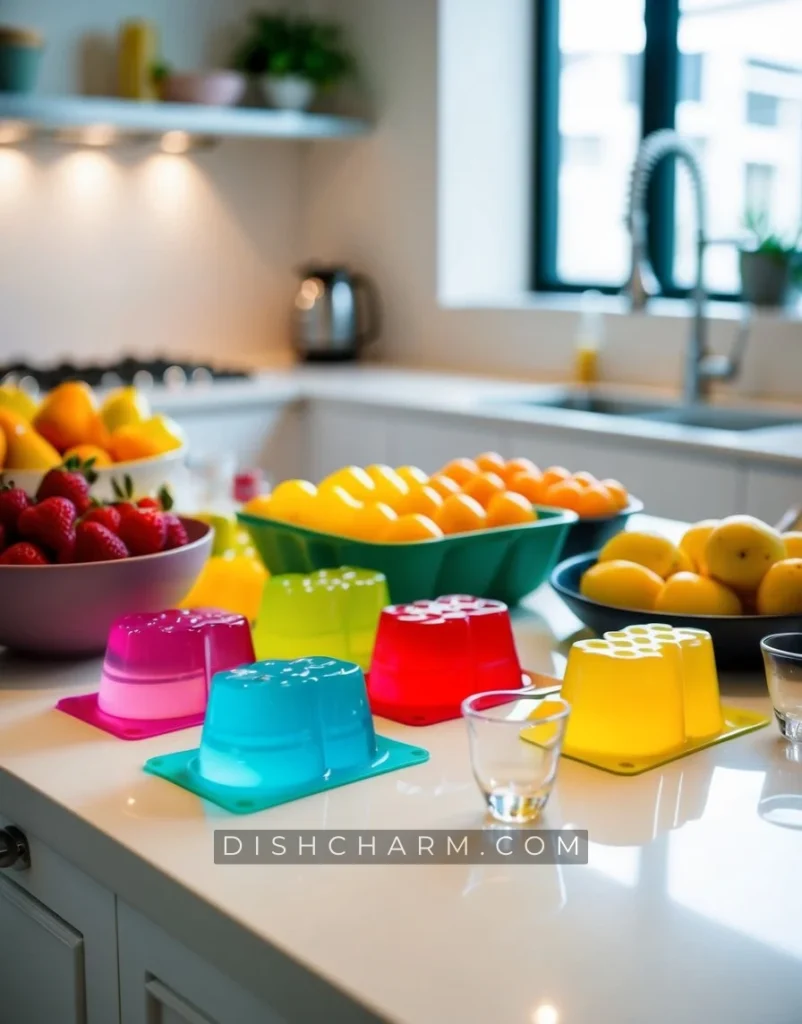 A colorful array of gelatin molds, shot glasses, and various fruits arranged on a clean, well-lit kitchen counter