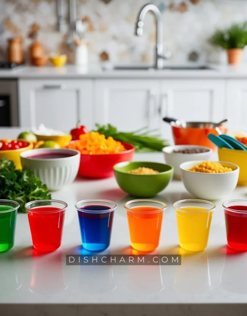 A colorful array of Jello shot ingredients and utensils on a clean kitchen counter