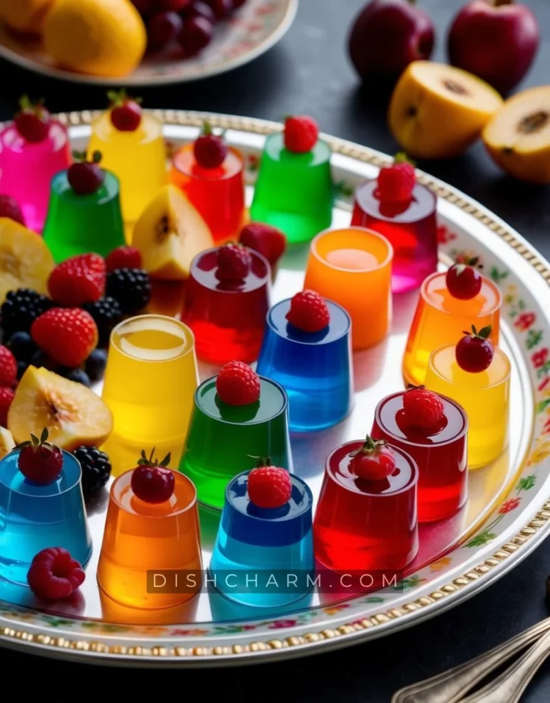 A colorful array of jello shots in various shapes and sizes, garnished with fruit and arranged on a decorative serving platter