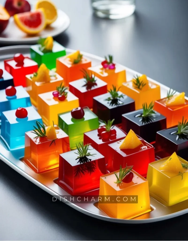 A colorful array of jello shots in various shapes and sizes, garnished with fruit and herbs, arranged on a sleek, modern serving tray