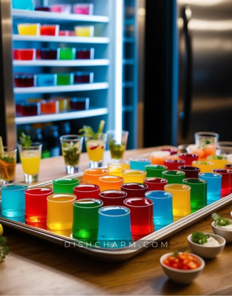 A tray of colorful jello shots arranged neatly on a table, surrounded by various garnishes and shot glasses. A refrigerator in the background for storage