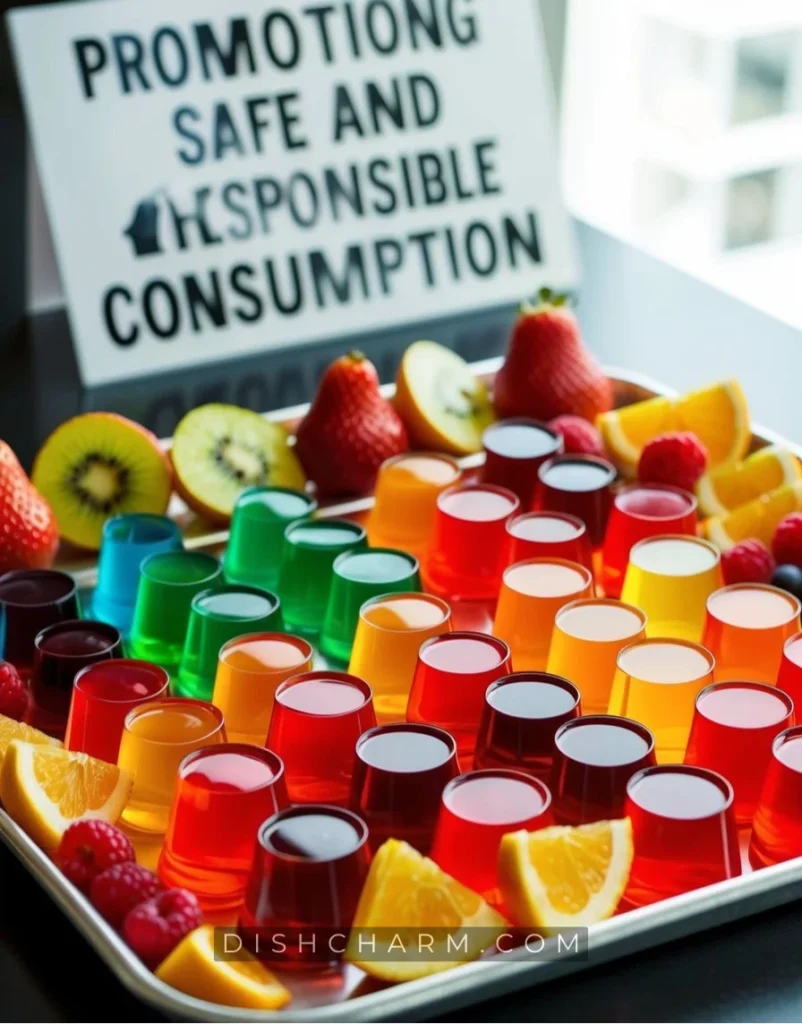 A colorful array of jello shots arranged on a tray with fresh fruit garnishes and a sign promoting safe and responsible consumption