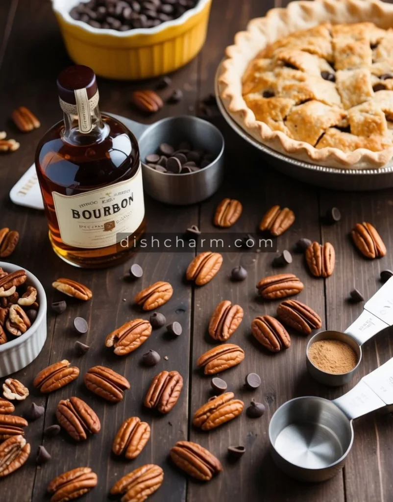 A wooden table with scattered pecans, chocolate chips, and a bottle of bourbon, surrounded by a pie dish and measuring cups