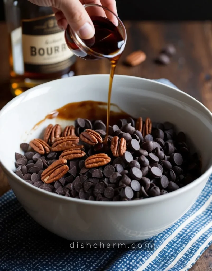 A mixing bowl filled with chocolate chips, pecans, and bourbon being stirred together