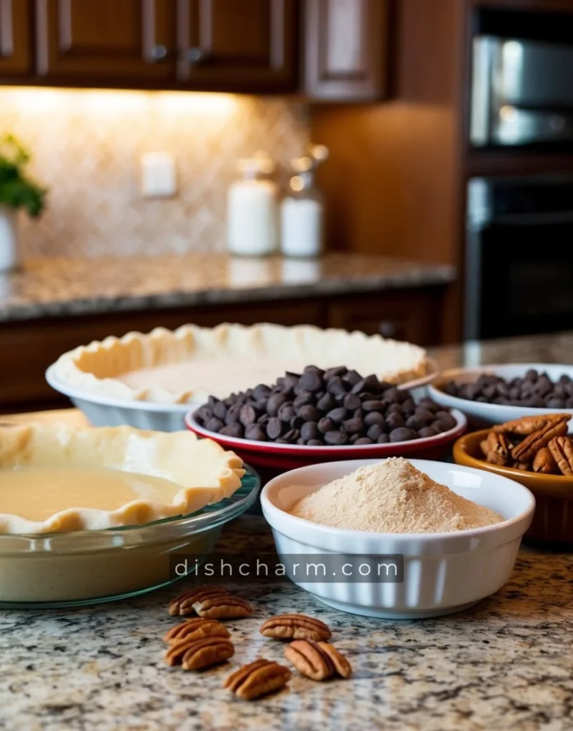 A kitchen counter with ingredients for Kentucky Derby pie, including pie crust, chocolate chips, and pecans, ready to be mixed and baked